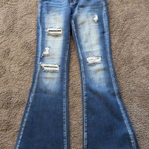 Stylish Distressed Flare Jeans in Blue 33" Inseam!
